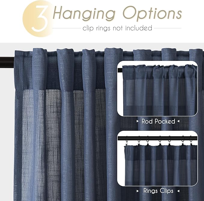 Navy Blue Curtains 92 inch Length for Bedroom Back Tab Light Filtering Semi Sheer Blue Living Room Curtains Linen Cotton Textured Indigo Blue Drapery Panel Modern Farmhouse Aesthetic Decor Dark Blue