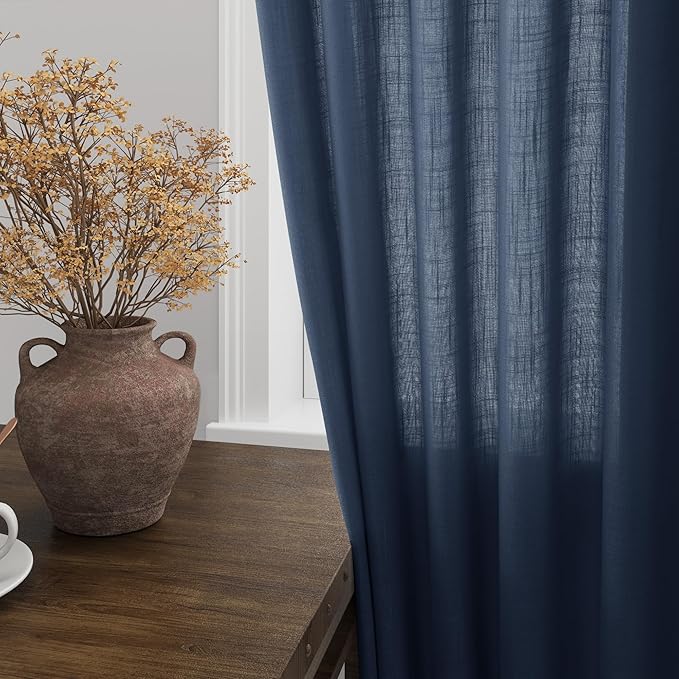 Extra Long Denim Blue Linen Curtains 120 Inch for Living Room 2 Panels Set Rod Pocket Back Tab Linen Window Drapes Semi Sheer Light Filtering Privacy High Ceiling Drapes for Farmhouse 52x120