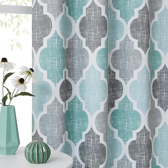Beauoop 100% Blackout Curtains 84 Inches Long 2 Panels for Bedroom Living Room Aqua Grey Moroccan Geo Room Darkening Thermal Insulated Soundproof Rod Pocket Back Tab Window Treatments Drapes, 50x84