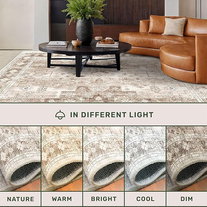 Washable Farmhouse Living Room Rug, 8x10 Area Rugs for Bedroom, Dining Room Under Table Carpet, Kids Room, Large Boho Vintage Non-Slip Floral Rugs Low Pile Stain Resistant (8x10 Beige/Latte)