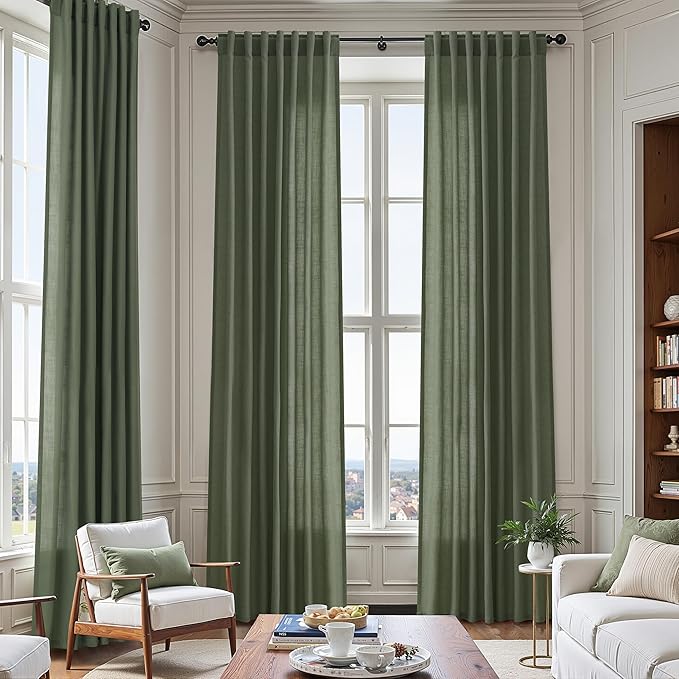 Nanspring Olive Green Linen Sheer Curtains 84 Inch Length 2 Panels for Living Room Bathroom Set Back Tab Rod Pocket Semi Sheer Light Filtering Breathability Farmhosue Country Style 60x84