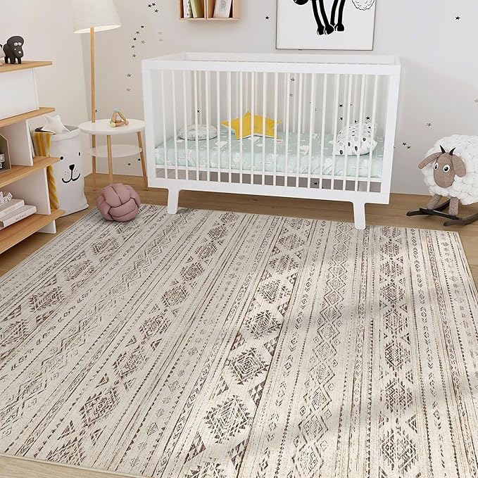 Nakagishi 9x12 Area Rugs Living Room: Washable Boho Large Neutral Soft Farmhouse Rug Stain Resistant Modern Moroccan Non-Slip Indoor Carpet for Bedroom Nursery Kids Office Dining Room - Dark Brown