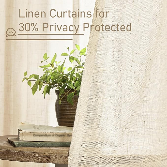 LAMIT Beige Linen Kitchen Curtains 30 Inch Length, Semi Sheer Light Filtering Window Panels Back Tab and Rod Pocket Drapes for Basement/Small Windows, 25 x 30 Inch, 2 Panels
