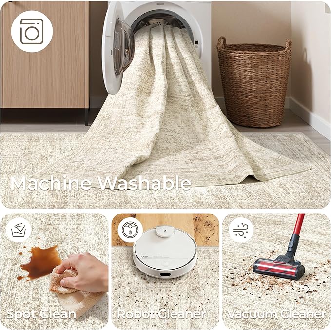 3x4 Washable Area Rug for Entryway, Soft Kitchen Rugs Non Slip for Dining Room, Vintage Abstract Living Room Rug, Thin Area Rugs Indoor for Bedroom, Kids Room Decor(3'x4', Beige/Ivory)