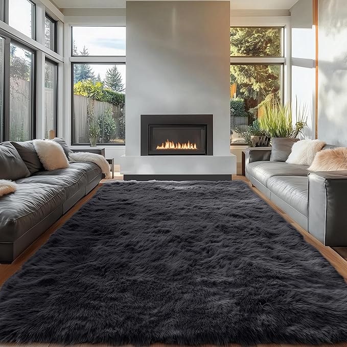 OLANLY 7x9 Machine Washable Large Area Rugs for Living Room, Bedroom, Soft Fluffy Shaggy Bedside Rug, Indoor Floor Carpet for Kids Girls and Boys, Dorms, Nursery, Home Decor Aesthetic, Black