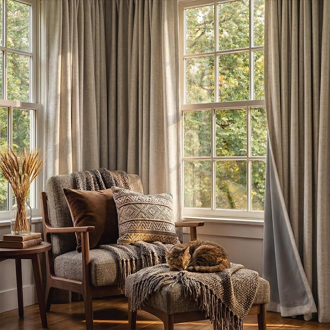 RYB HOME Burlap 100% Blackout Linen Curtains for Bedroom 52 Width 120 Long, Thich Elegant Extra Long Drapes for Modern/Vintage/Farmhouse Home Decor, Thermal Insulated Window Treatment, 2 Panels