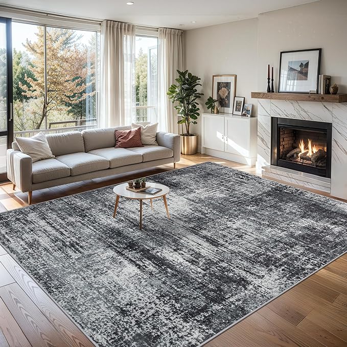 6x9 Area Rugs for Living Room - Washable Rug Modern Abstract Soft Large Neutral Non-Slip Carpet Indoor Floor Thin Carpets for Bedroom Dining Room Farmhouse Nursery Home Office Dark Black
