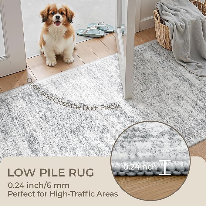 2x7 Runner Rug Non Slip, Thin Entryway Washable Rug for Entryway, Runners for Hallways, Low Pile Vintage Abstract Soft Rugs for Living Room, Kitchen, Bedroom(2'x7', Grey/Ivory)