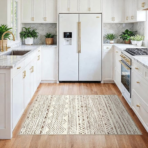 3x4 Washable Entryway Area Rug: Moroccan Small Runner Rug for Hallway Soft Modern Non Slip Door Mat with Rubber Backing Low Pile Thin Floor Carpet for Kitchen Bathroom Bedroom Indoor 3x4 Beige