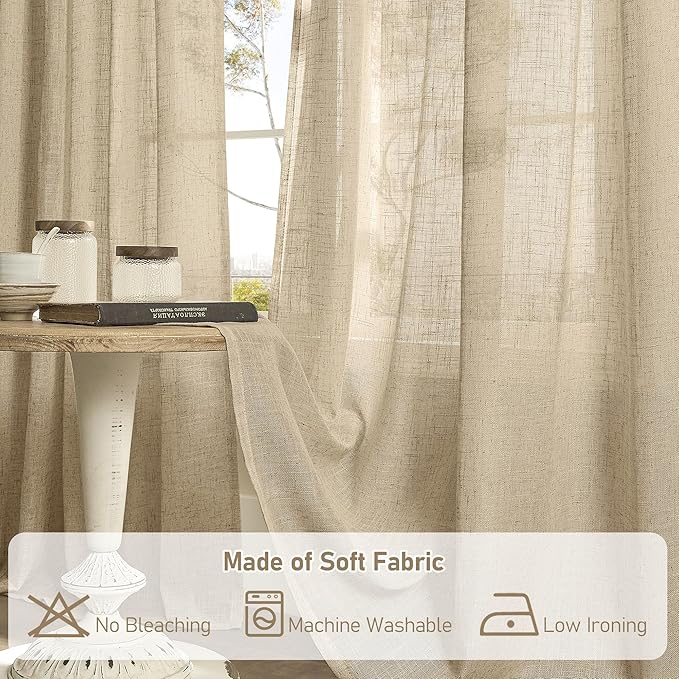 LAMIT 102 Inch Length Light Filtering Sheer Linen Curtains, Linen Textured Semi Sheer Back Tab and Rod Pocket Natural Boho Drapes for Living Room/Farmhouse, 2 Panels, Brown, 52 x 102 Inch