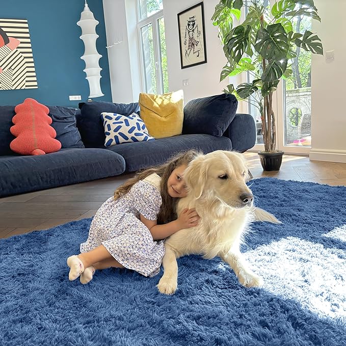 OLANLY 3x5 Machine Washable Small Bedside Rug, Soft Fluffy Shaggy Rugs for Living Room, Bedroom, Indoor Floor Carpet for Kids Girls and Boys, Preppy Dorms, Nursery, Home Decor Aesthetic, Blue