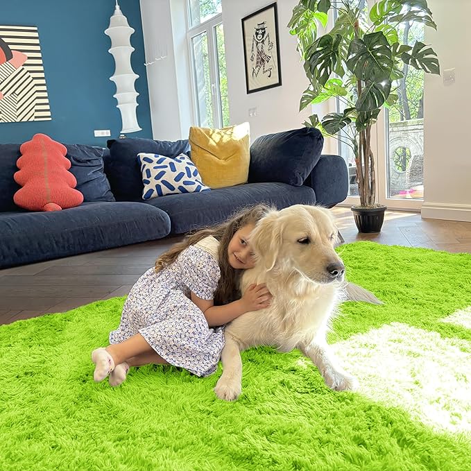 OLANLY 3x5 Machine Washable Small Bedside Rug, Soft Fluffy Shaggy Rugs for Living Room, Bedroom, Indoor Floor Carpet for Kids Girls and Boys, Preppy Dorms, Nursery, Home Decor Aesthetic, Lime Green