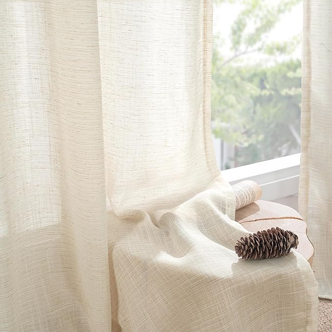 BGment Beige Linen Curtains 45 Inch Length for Short Kitchen Cafe Window - Small Cream Semi Sheer Drapes with Rod Pocket Rustic Natural for Bathroom Lightweight, 2 Panels, Each Panel 30 Inch Wide