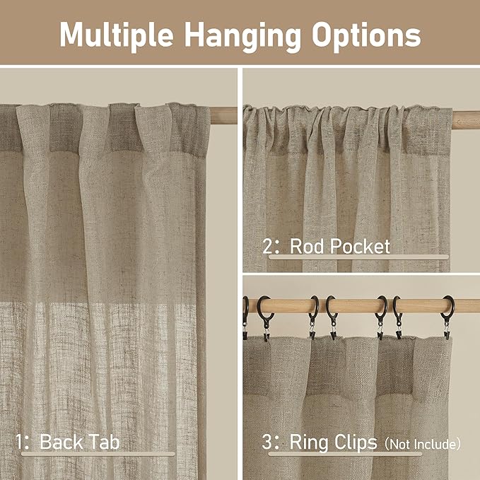 LAMIT Taupe Linen Curtains 24 Inch Length, Semi Sheer Light Filtering Window Panels Back Tab and Rod Pocket Drapes for Basement/Small Windows, 25 x 24 Inch, 2 Panels