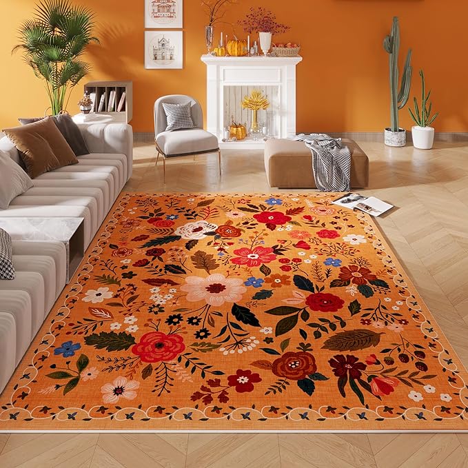 Rugcomf Area Rugs 8x10 Rug for Living Room Clearance Washable Boho Area Rug Non Slip Floral Vintage Low Pile Large Rug for Living Room, Bedroom, Farmhouse, Dining Room, Kids Playroom(Yellow)