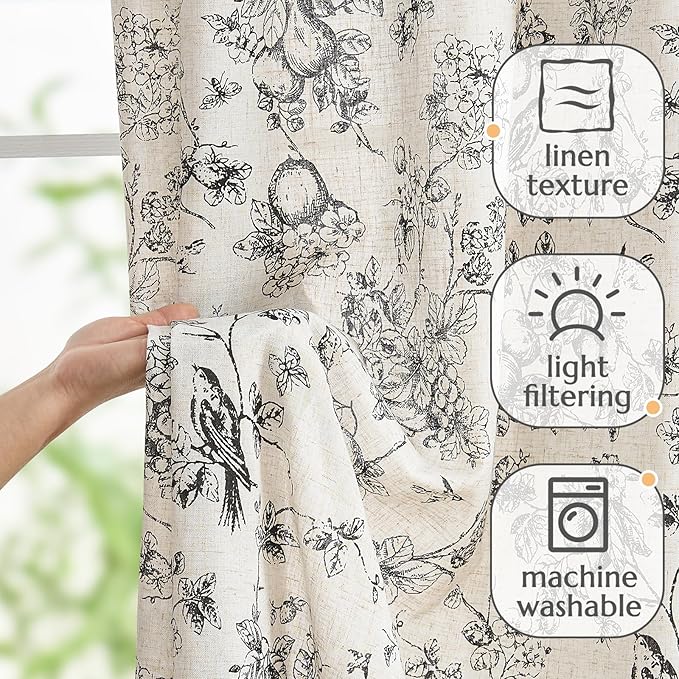 jinchan Linen Floral Curtains for Living Room 63 Inch Length Black Printed Flower Light Filtering French Country Curtain Farmhouse Cottage Core Toile Curtains Back Tab Window Drapes Set 2 Panels