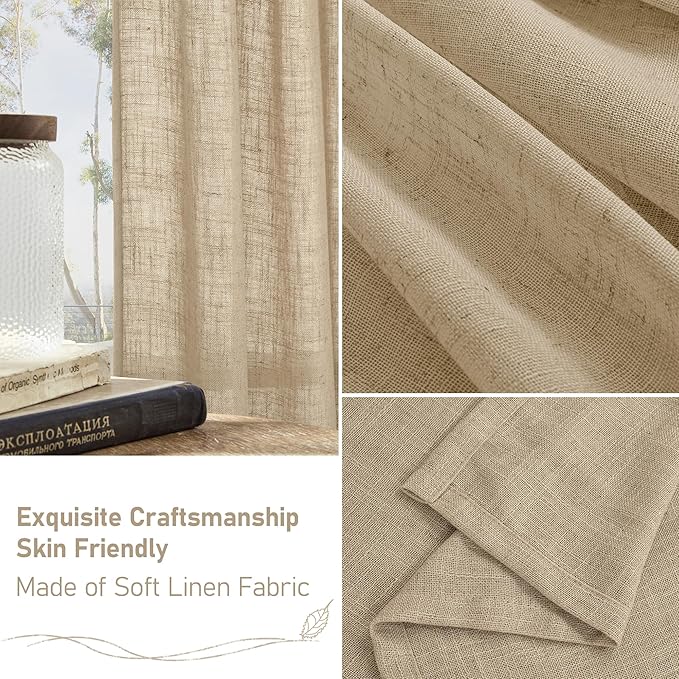 LAMIT Brown Linen Curtains 84 inch Length 2 Panels, Light Filtering Semi Sheer Panels Back Tab and Rod Pocket Boho Neutral Drapes for Bedroom/Living Room, 34 x 84 Inch