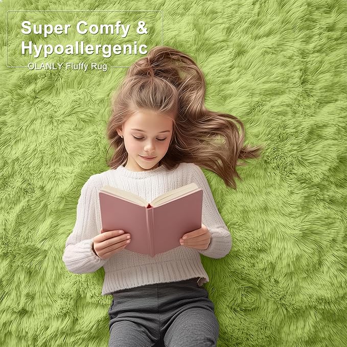 OLANLY 5x7 Machine Washable Large Area Rugs for Living Room, Bedroom, Soft Fluffy Shaggy Bedside Rug, Indoor Floor Carpet for Kids Girls and Boys, Dorms, Nursery, Home Decor Aesthetic, Grass Green