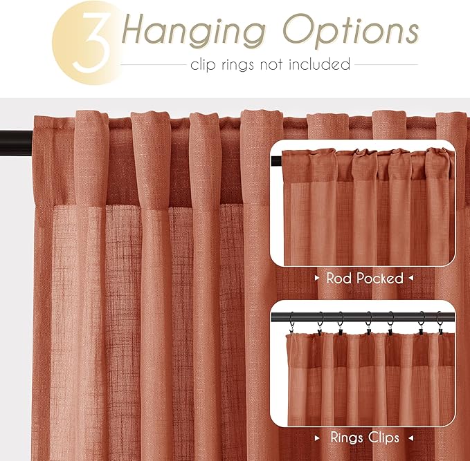 63 inch Linen Terracotta Curtains 2 Panels for Living Room Back Tab Light Filtering Semi Sheer Rust Colored Curtains 63 inches Long Soft Thick Cotton Cloth Textured Rustic Boho Farmhouse Room Decor