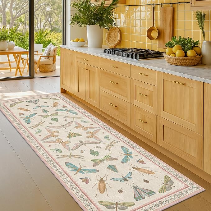 Hazo Haus Boho Bathroom Runners - 2x6 Pink Rug for Kitchen, Entry Way, Hallway, Non Slip Washable Butterfly Insect Print Home Decor