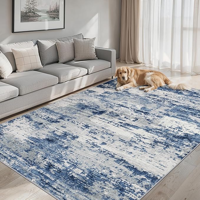 Area Rugs 10x14 Living Room - Washable Rug Modern Abstract Soft Large Neutral Non-Slip Carpet Indoor Floor Thin Carpets for Bedroom Dining Room Farmhouse Nursery Home Office Blue Gray