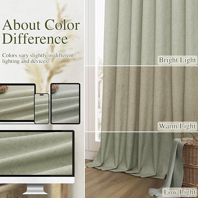 Sage Green 100% Blackout Linen Curtains 92 Inch Length 2 Panels Set for Living Room Bedroom Back Tab Thermal Insulated Black Out Drapes Room Darkening Farmhosue Window Curtains 92 Inches Long