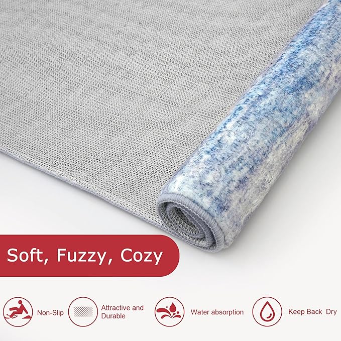 KOZYFLY Modern Abstract Washable Rug Runner 2x5 Hallway Rug Runner Non-Slip Soft Kitchen Runner Rugs, Blue/Grey/Beige Striped Carpet for Entryway Bathroom Laundry Room Foyer