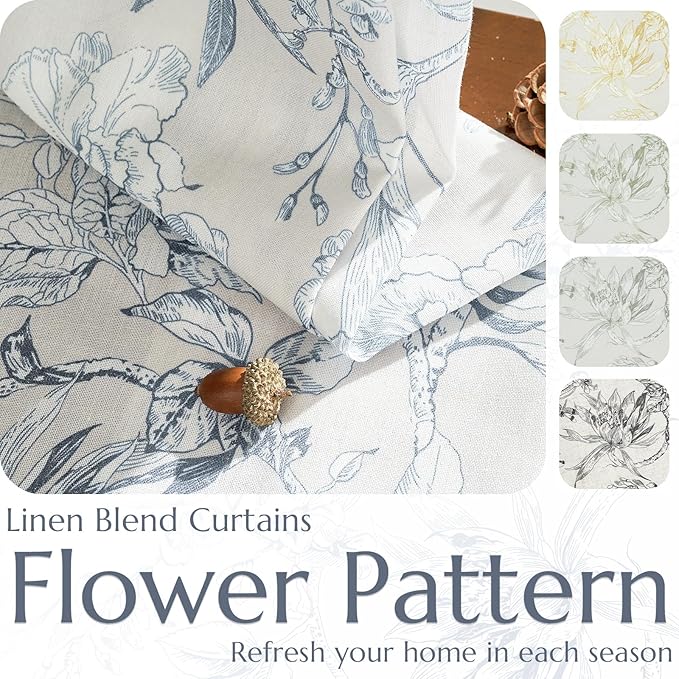 jinchan Floral Curtains 108 Inch Length Blue Flower Linen Farmhouse Curtain for Living Room French Country Vintage Curtain Rod Pocket Curtains Set 2 Panels Blue Floral Printed