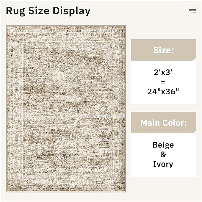 2x3 Washable Rugs for Kitchen, Floor, Entryway, Powder Room Small Area Rug Non-Slip Vintage Low Pile Throw Door Mat Brown