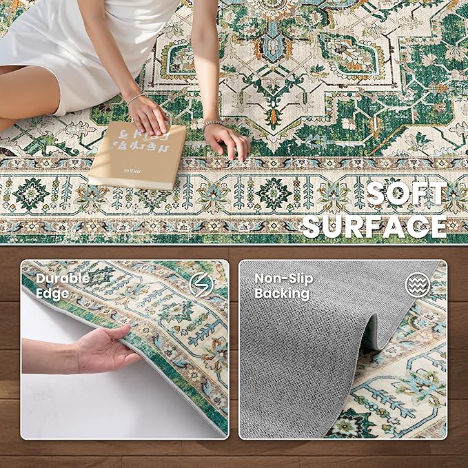 zesthome WashableRug 5x7 Area Rugs,Stain Resistant Rugs for Living Room,Bedroom,Non-Slip Backing Home Decor Rug, Vintage Medallion Pattern Rugs (Green,5'x7')