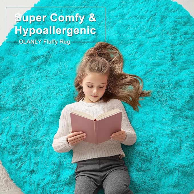 OLANLY Teal Blue Round Rugs for Bedroom - Machine Washable, 6 ft Circle Area Rugs for Living Room, Soft and Fluffy Shaggy Carpet for Teen Girls and Boys, Nursery Rooms, Dorms, Home Decor Aesthetic