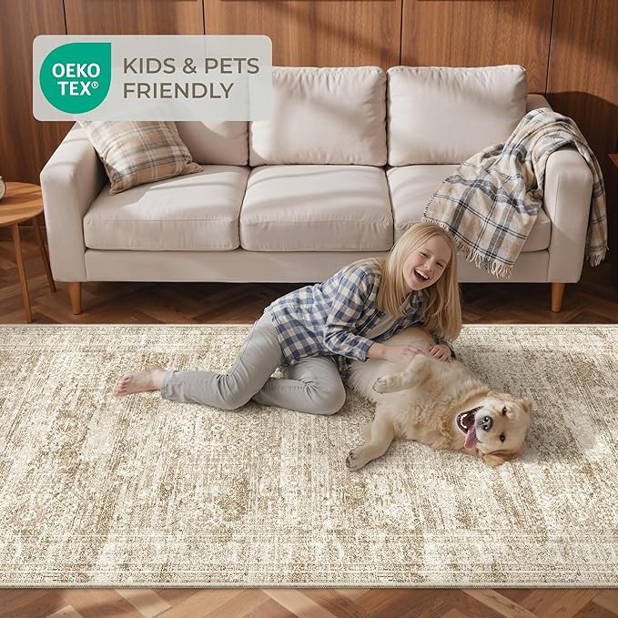 2x5 Rug Runner Washable for Entryway, Soft Bathroom Rugs with Non-Slip Backing, Abstract Low Pile Hallway Runner, Vintage Small Kitchen Carpet for Stair, Laundry Room(2'x5', Brown/Ivory)