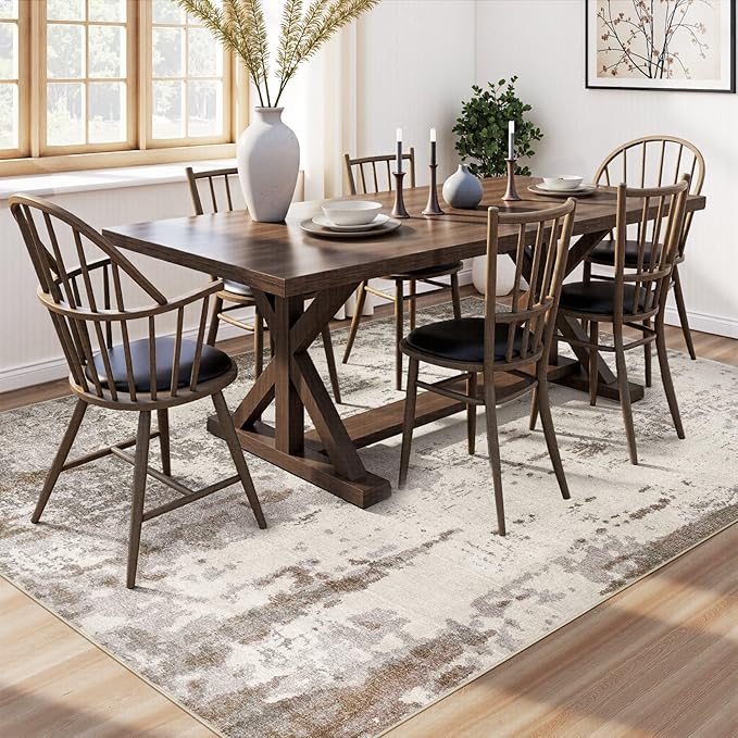 UERMEI Area Rug Living Room Rugs-Washable Neutral Modern Abstract Soft Thin Large Rug Indoor Floor No Slip Rug Carpet for Bedroom Under Dining Table Home Office Decor-Brown/Grey/Beige-7'x 9'