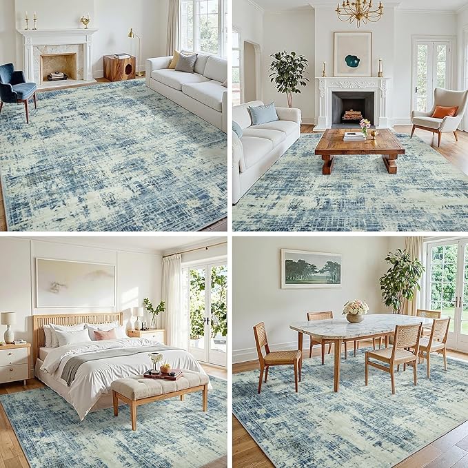 8x10 Area Rugs for Living Room Washable Rug: Anti-Skid Abstract Modern Living Room Rug Soft Thin Carpets Indoor Floor Non-Shedding Carpet for Bedroom Dining Farmhouse Nursery Blue Gray Gold