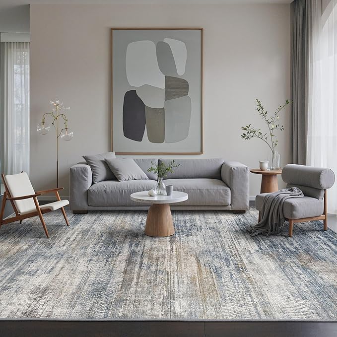 Area Rugs 8x10 for Living Room Bedroom, Modern Abstract Machine Washable Rug, Large Soft Low Pile Floor Carpet with Non Slip Backing for Dining Room, Denim Blue/Taupe