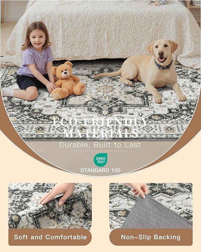 Madane 5x7 Area Rugs for Living Room, Stain Resistant Washable Rug, Non-Slip Backing Area Rug, Vintage Home Decor Rug for Bedroom (Black, 5'x7')