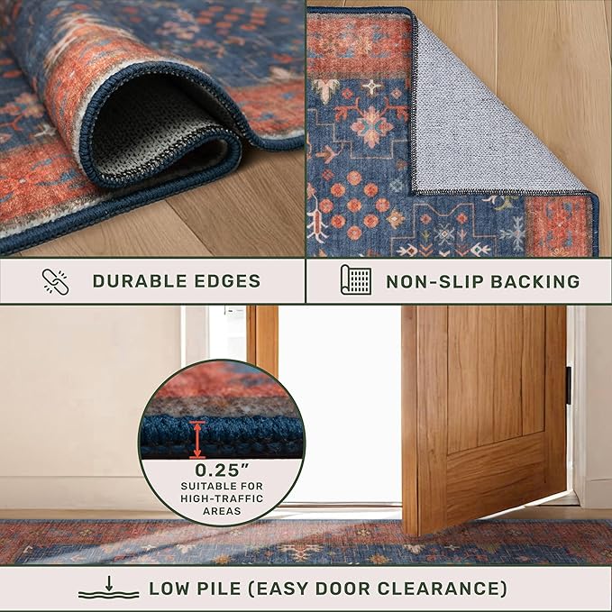 Hazo Haus Washable 3x8 Long Runner for Wide Kitchen Floor - Navy Blue 8ft Hallway Runner Rug, Pet Friendly Waterproof Non Slip with Rubber Backing, Stain Resistant Area Rug