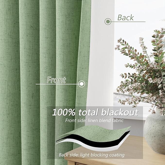 Guken Light Sage 100% Blackout Linen Curtains 63 Inch Length 2 Panels Set for Living Room Bedroom Back Tab/Rod Pocket Thermal Insulated Black Out Drapes Room Darkening Farmhouse Window Curtains
