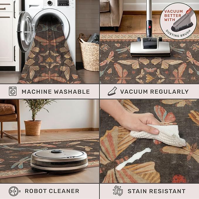 Washable Living Room Area Rug 5x7, Ultra Soft Carpet for Bedroom, Dining Room, Vintage Farmhouse Home Décor, Low Pile Non Slip Stain Resistant Rug (Brown & Orange)