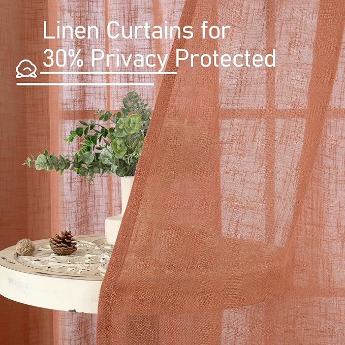 LAMIT Light Filtering Linen Curtains 54 inches Long for Bedroom, Linen Textured Semi Sheer Back Tab and Rod Pocket Terracotta Boho Drapes for Living Room, 2 Panels, 52 x 54 Inch