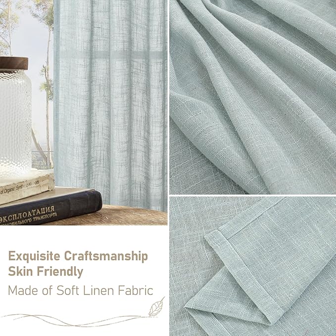 LAMIT Faux Linen Curtains 63 inches Long for Bedroom, Back Tab and Rod Pocket Linen Drapes Light Filtering Semi Sheer Curtains for Small Window/Farmhouse, 2 Panels (52 x 63 Inch, Greyish Blue)