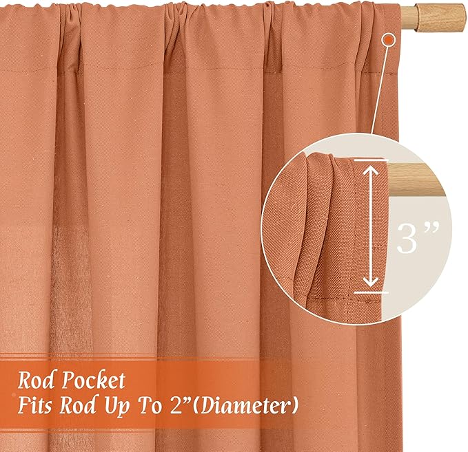 LAMIT Terracotta Linen Boho Curtains 84 inch Length 2 Panels, Light Filtering Burnt Orange Drapes Rod Pocket Western Rustic Panels for Bedroom/Living Room, 52 x 84 Inch
