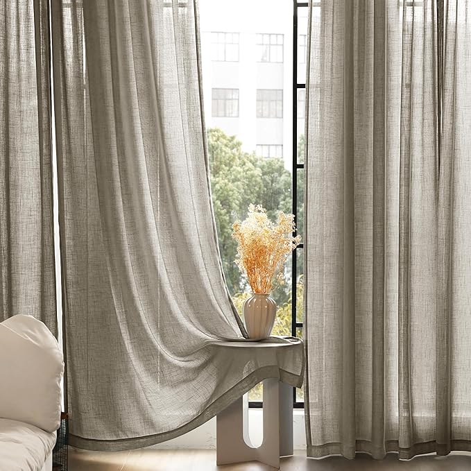 Taupe Linen Curtains 84 inches Long for Living Room Back Tab Rustic Farmhouse Semi Sheer Light Filtering Window Curtain Dining Room Soft Thick Flax Linen Textured Drapes Light Brown
