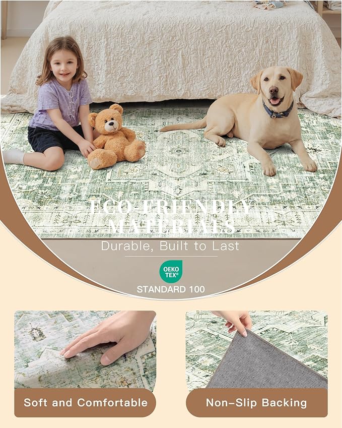 Madane Runner Rugs for Hallway 2x10 Long Washable Non-Slip Hallway Runner Rug Low-Pile Stair Kitchen Runner Soft Throw Carpet for Entrance Living Dining Laundry Room (Green/Ivory, 2 x 10)