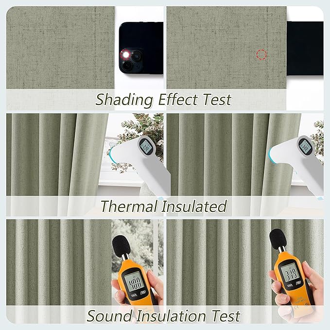 Sage Green 100% Blackout Linen Curtains 84 Inch Length 2 Panels Set for Living Room Bedroom Back Tab Thermal Insulated Black Out Drapes Room Darkening Farmhouse Style for Bedroom Window Curtains