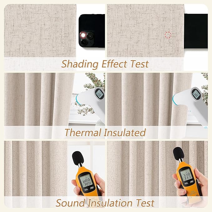 Guken Oatmeal 100% Blackout Curtains 90 Inch Length 2 Panels Set for Living Room Bedroom Back Tab Thermal Insulated Black Out Linen Drapes Room Darkening Window Curtains 90 Inches Long