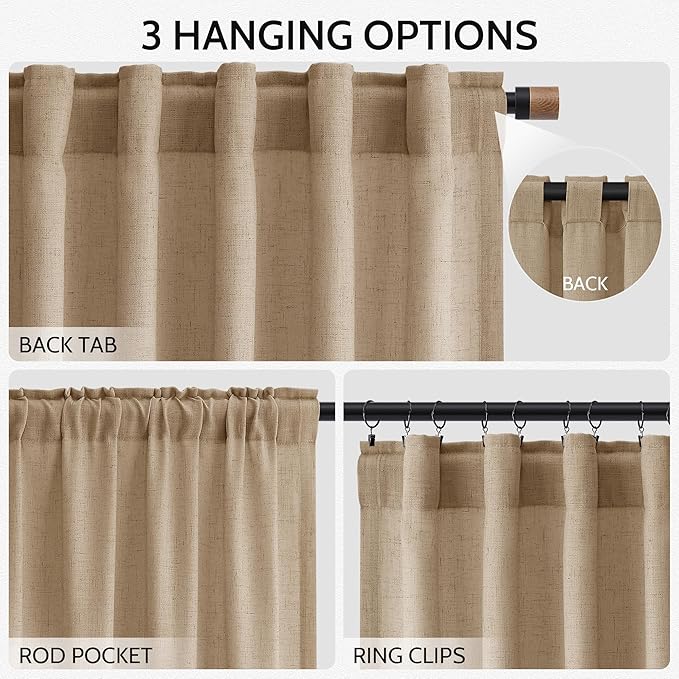 Sand Beige Linen Curtains for Living Room 100 Inches Long Simple Modern Light Filtering Semi Sheer Curtain Back Tab Rustic Farmhouse Luxury Home Decor Drapes for Bedroom Dinner Room 52x100, 2 Panels