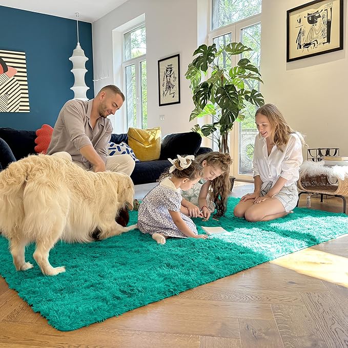 OLANLY 6x9 Machine Washable Large Area Rugs for Living Room, Bedroom, Soft Fluffy Shaggy Bedside Rug, Indoor Floor Carpet for Kids Girls and Boys, Dorms, Nursery, Home Decor Aesthetic, Teal Green