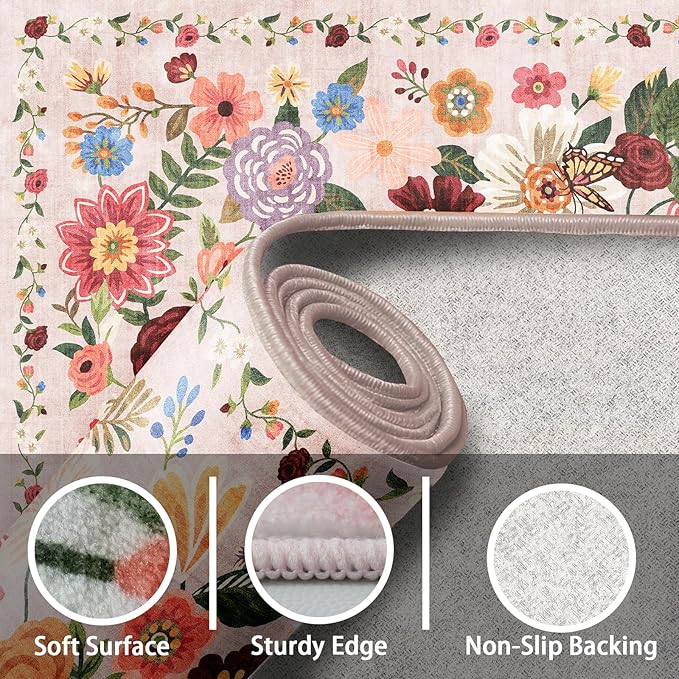 Pink/Beige Floral Washable 6x9 Area Rugs, Soft Bedroom Rug for Living Room Ultra-Thin Non Slip Dining Room Rug, Stain Resistant Rugs Easy Clean Throw Carpet for Office(Beige/Pink Garden, 6 x 9)