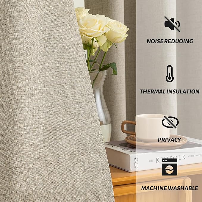 Yakamok Natural Linen Curtains 100% Blackout 96 Inches Long,Room Darkening Textured Curtains for Living Room Thermal Grommet Bedroom Curtains 2 Panels with Greyish White Liner
